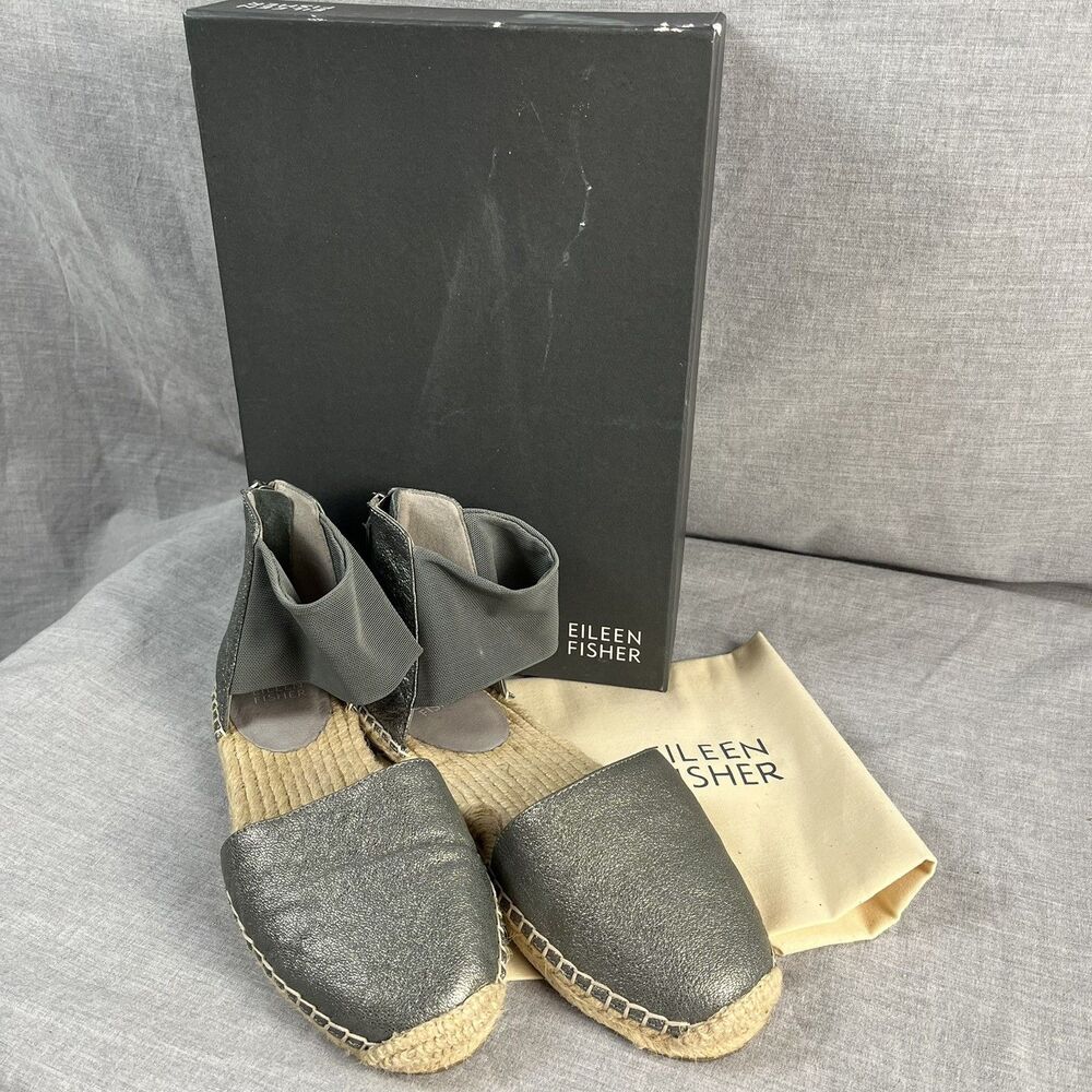 Eileen Fisher Lala Espadrille Flat Size 7.5 Pewter Shimmer Barely Worn
